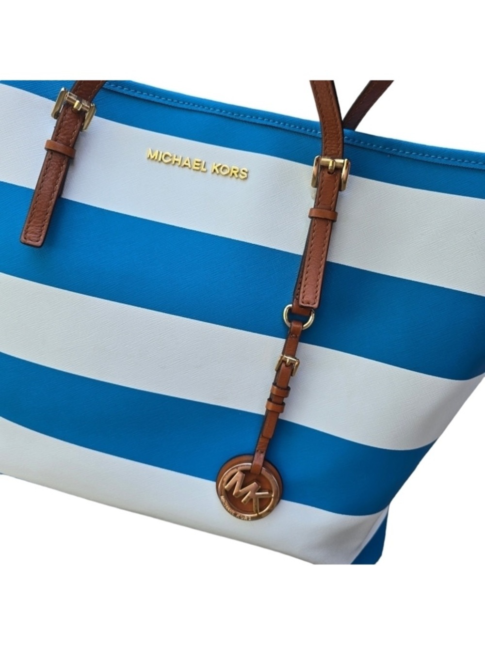 Michael Kors Blue/White Saffiano Leather Stripe Travel Tote Jet Set - Picture 3 of 12